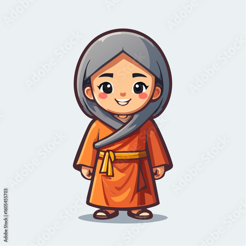 little girl in a orange dress monk