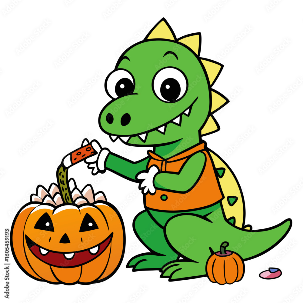 Obraz premium Cute green dinosaur character carving a happy jack o lantern pumpkin cartoon