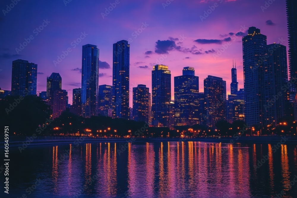 Obraz premium Urban skyline at night with water reflection