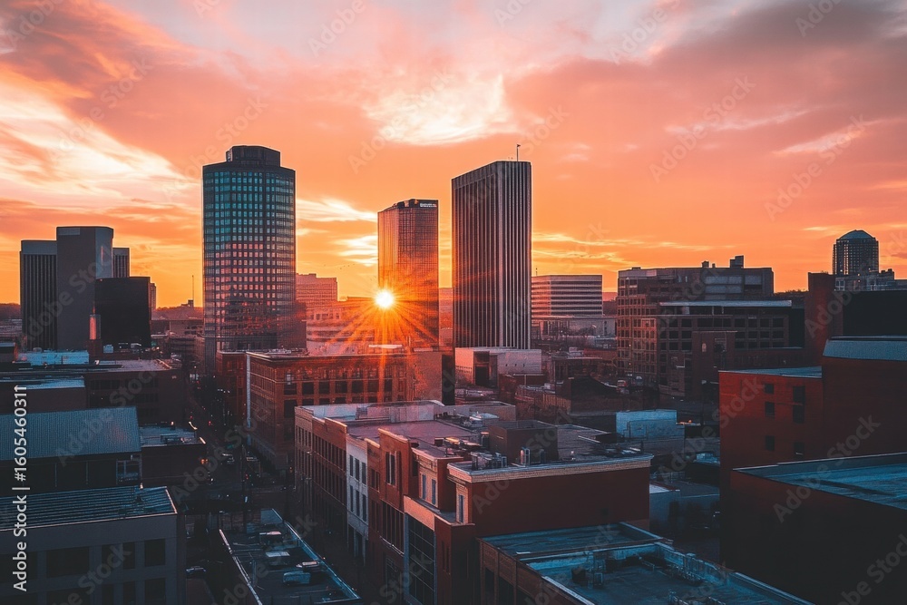 Obraz premium Silhouetted city buildings at golden sunrise