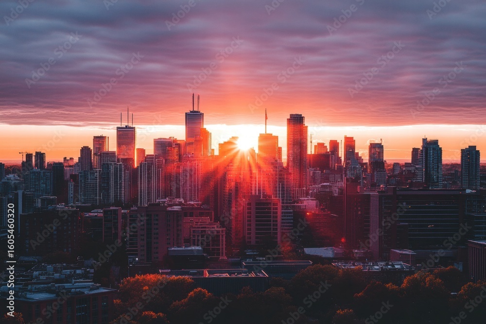 Fototapeta premium City silhouette with intense sunrise