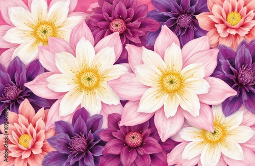 Beautiful illustration of overlapping chrysanthemum flowers in vibrant pink, white, yellow, purple hues. Delicate petals create soft texture. Floral design offers fresh, natural look perfect for