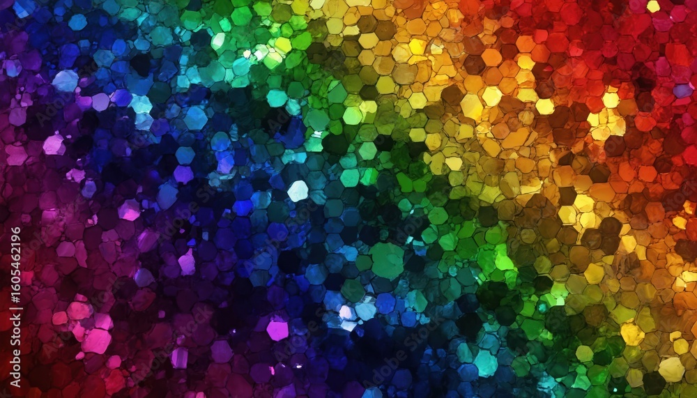 Obraz premium Vibrant abstract background of luminous hexagonal mosaic in rainbow gradient. Geometric shapes with colorful, bright, iridescent texture forms modern digital art design. Dynamic pattern, symmetry.
