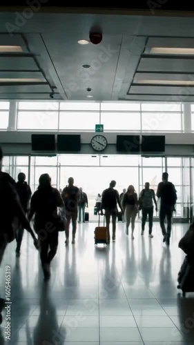 Time-lapse of busy airport terminal with passengers walking and planes taxiing