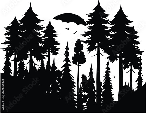Silhouette of Forest with Morning Mist, Foggy woodland silhouette