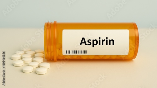 Box of ASPIRIN tablets placed on pharmacy counter for pain relief and cardiovascular protection
