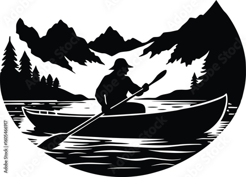 Silhouette of Canoeist in Morning Mist, Paddler in fog silhouette