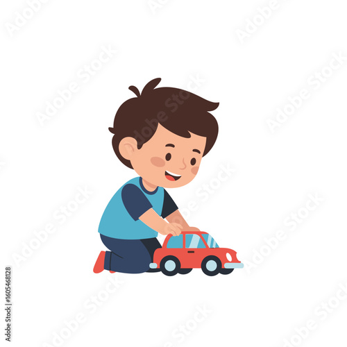 A young boy kneels and plays with a red toy car, smiling happily in a simple, colorful illustration.