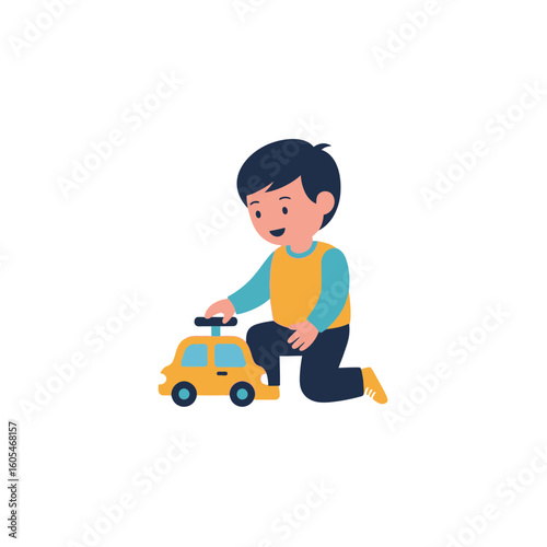 A young boy with dark hair kneels and plays with a yellow toy car, pushing the button on top.