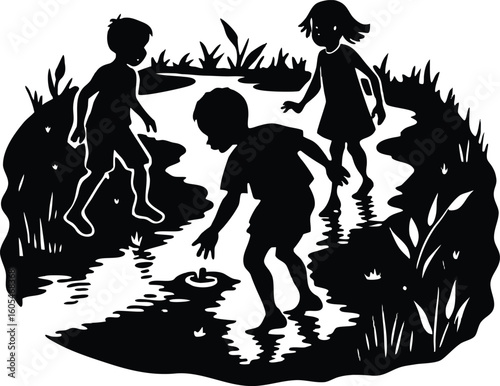 Silhouette of Kids Playing in Stream, Children in nature silhouette