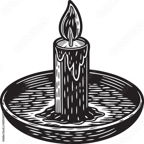 A detailed black and white illustration of a lit candle with dripping wax, set in a saucer, isolated on a white background.