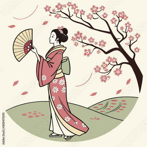Elegant japanese geisha in kimono with fan under cherry blossom tree traditional art illustration vector