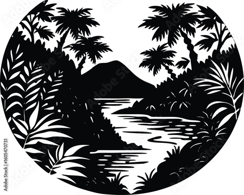 Silhouette of River in Rainforest, Jungle stream silhouette