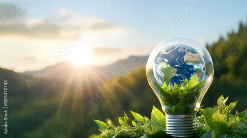 Light bulb containing Earth sits among green leaves, symbolizing sustainable energy and environmental conservation against sunrise backdrop