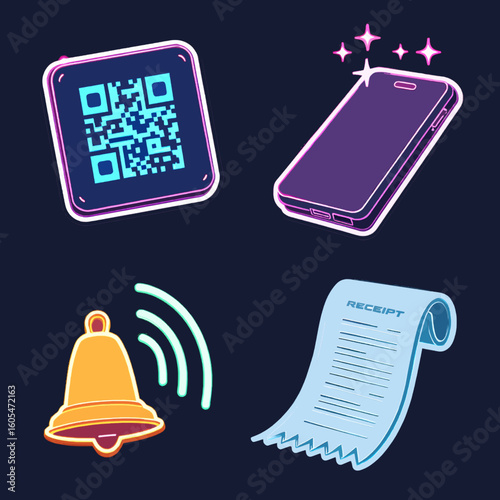 A set of four images with a bell, a receipt, a phone, and a QR code