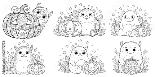 Intricate hand-drawn black and white Halloween doodle illustrations of cute monsters with pumpkins, perfect for adult and kids’ coloring books, featuring whimsical patterns and balanced compositions. 