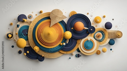 Colorful, layered circles and spheres create a dynamic abstract composition.