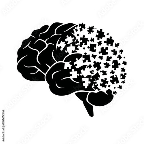 Vector icon of a brain turning into puzzle pieces, symbolizing memory loss or cognitive decline
