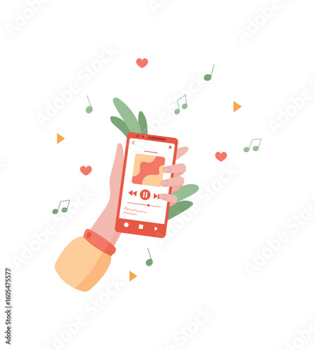 A hand holds a smartphone showcasing a vibrant music app. This mobile device features engaging media play buttons on its digital screen, allowing for seamless social interaction and audio streaming.