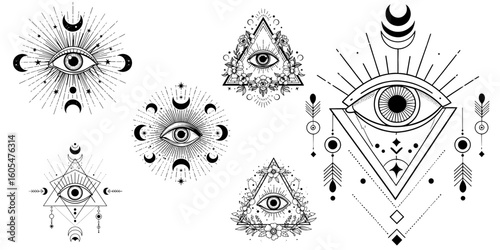 Intricate hand-drawn vector all-seeing eye symbols with celestial backgrounds, vintage sun rays, boho floral elements, zodiac mandalas, and geometric designs, perfect for spiritual, mystical, and bohe
