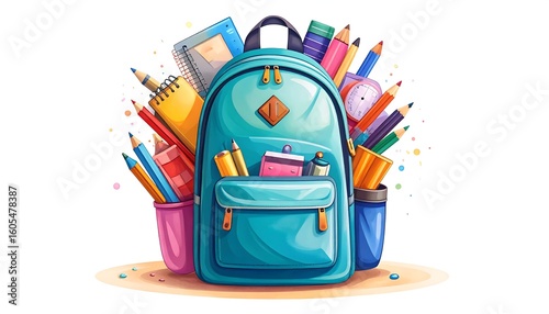 Colorful school backpack filled with supplies
