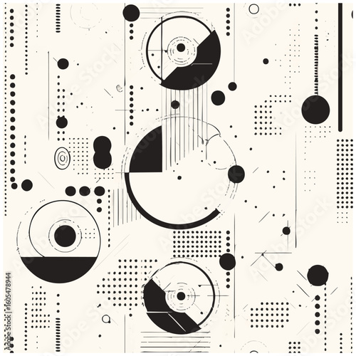 Abstract geometric seamless pattern with futuristic technical elements. Vector illustration with circles, dots, and lines creating a complex digital background.