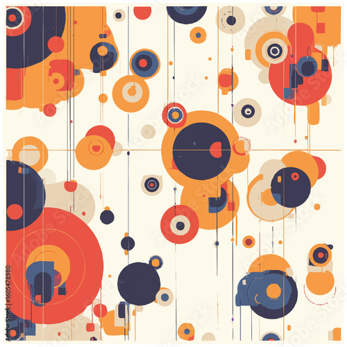 A dynamic vector illustration of abstract geometric circles and shapes in a retro color palette.