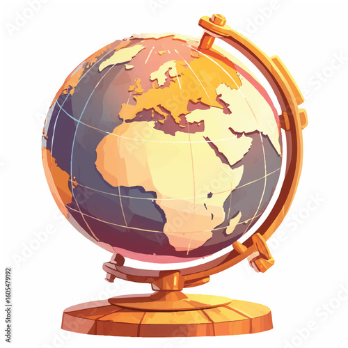 Vibrant Vector World Map Globe Icon on a Golden Stand for Educational, Travel, and Global Business Concepts - Detailed Earth Illustration