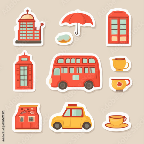 UK sticker set with cozy cultural elements, like as double-decker bus, yellow taxi, phone box, umbrella, teacup , great for gift packaging, seasonal printables, and holiday decor accents