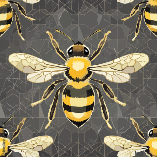 seamless Mexican Otomi bee patchwork tile in gold and dark charcoal, layered svg featuring traditional folk art insect motif with vibrant embroidery-inspired design