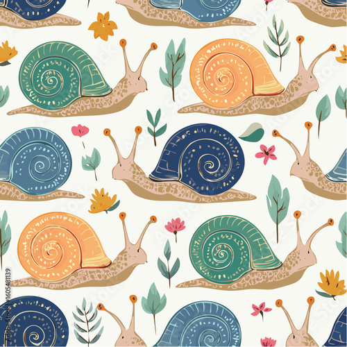 seamless Mexican Otomi snail patchwork tile in royal blue and cream, layered svg featuring traditional folk art animal motif with vibrant embroidery-inspired design