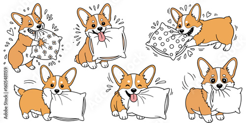 Playful corgi dogs biting pillows, charming hand-drawn vector doodles, cute puppies with expressive faces, whimsical pet illustrations, clean line art, perfect for kids’ designs and pet themes (1)