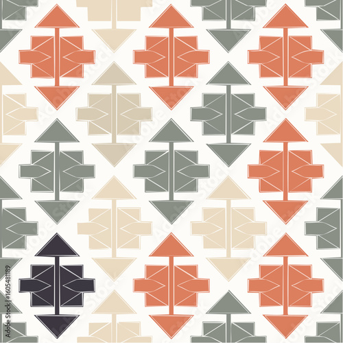 seamless scandi arrow patchwork tile in tomato and charcoal, layered svg featuring bold nordic folk-inspired geometric motif with modern contrast