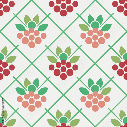 seamless scandi berry-cluster patchwork tile in cherry red and cream, layered svg with nordic folk-inspired botanical motif and festive holiday colors