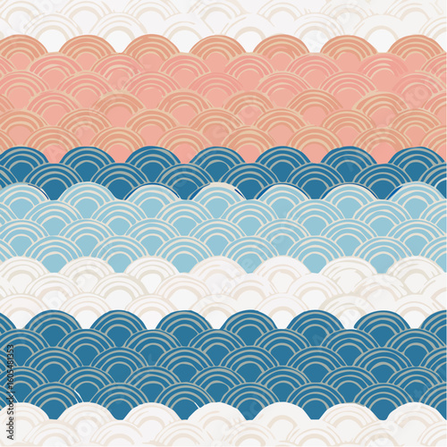 seamless scandi wave patchwork tile in navy and salmon, layered svg with nordic folk-inspired geometric pattern and coastal color palette