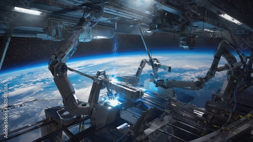 Fototapeta Naklejka Na Ścianę i Meble -  Robotic arms performing maintenance on a space station with earth visible in the background