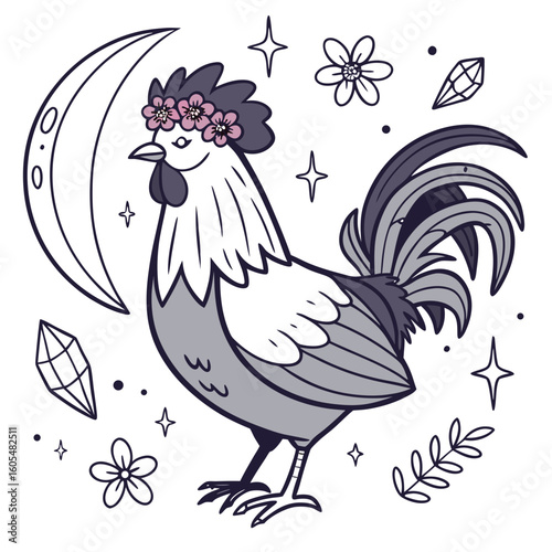 Cute Content Rooster, accessorized with with a flower crown, in a Starlight Ball world – Lunar Elegance palette vector