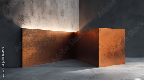 Burnished copper structure intersecting matte concrete base