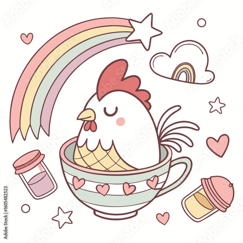Pastel Rainbow themed SVG: Relaxed Rooster with in a teacup in a Rainbow environment