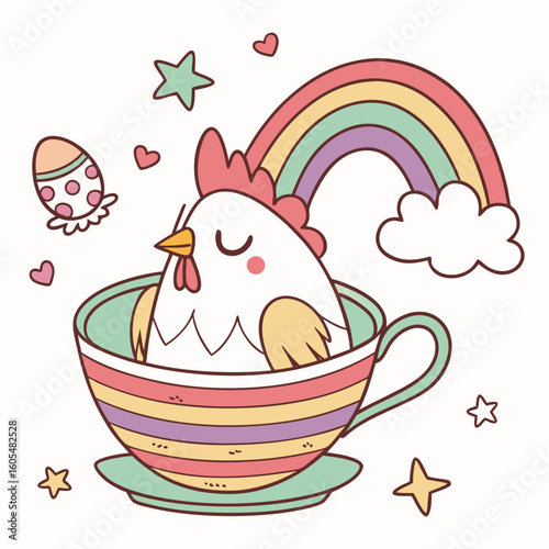 Pastel Rainbow themed SVG: Relaxed Rooster with in a teacup in a Rainbow environment