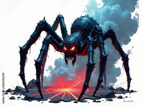 A massive spiderlike creature stands menacingly on a volcanic terrain with glowing lava and smoke.