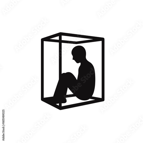 Vector icon of a person sitting inside a transparent cube, symbolizing confinement or solitude
