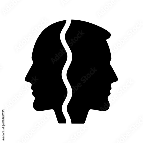 Vector icon of two human profiles facing opposite directions, symbolizing duality or identity
