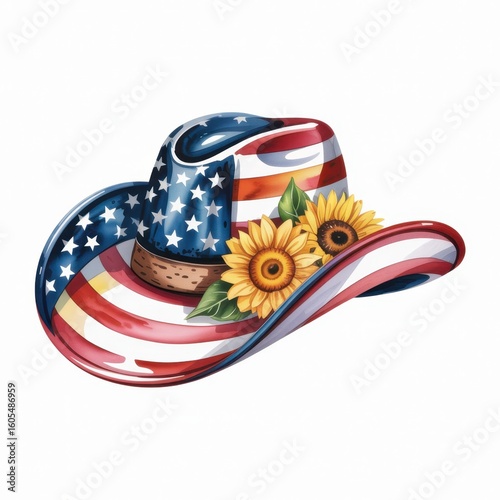 Watercolor Illustration of a Patriotic Cowboy Hat Adorned With Sunflowers and American Flag Colors