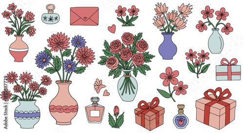 Assorted floral arrangements in vases with gifts and perfume bottles on a white background art drawing