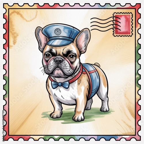 Watercolor Stamp Featuring a Charming French Bulldog Dressed as a Postal Carrier With Vibrant Colors