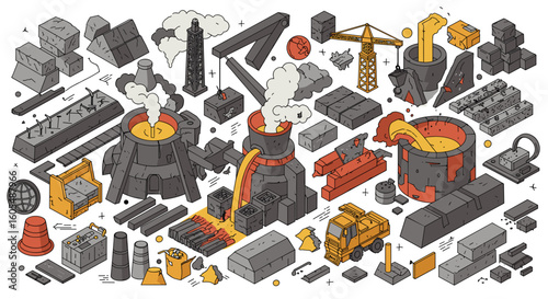 Isometric illustration of a steel mill with furnaces, molten metal, and various industrial components