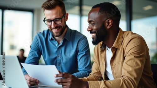 Two men smiling and looking at a document in front of a laptop in an office environment