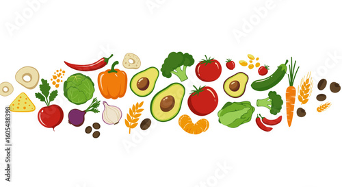 A colorful array of fresh vegetables and fruits laid out in a decorative and appetizing arrangement