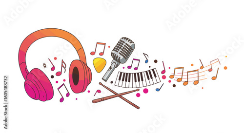 Illustration showing headphones microphone keyboard drumsticks and musical notes in vibrant colors